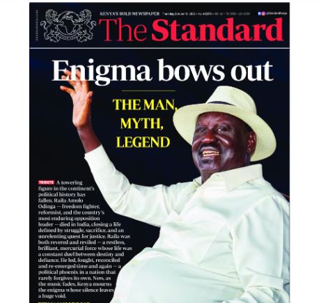 Raila Odinga, la prima pagina di The Standard