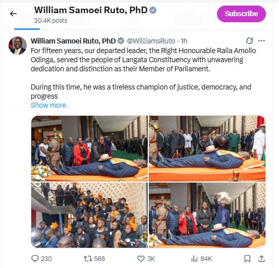 La morte di Odinga nella pagina su X del presidente Ruto